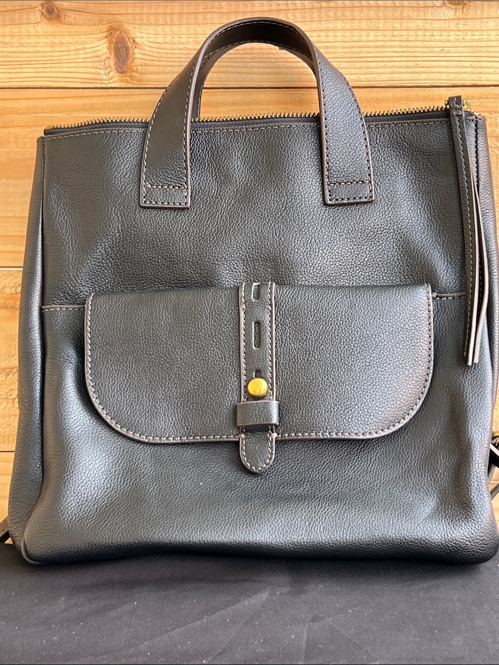 Fossil Black Leather Convertible Tote with Gold Hardware